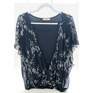Cestyle Floral Women's Blouse With Sheer Floral Cross Top Over Solid Navy Blue